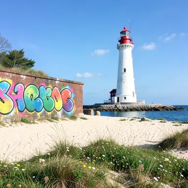 a lighthouse on a rocky islet, beach and dunes in front, graffiti style, FLUX.2