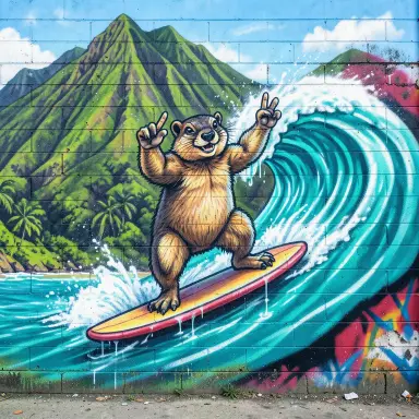 a marmot surfing a big wave, flashing a V sign, graffiti style, FLUX.2