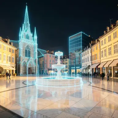 a sunlit city square with a fountain and buildings of different eras, hologram style, FLUX.2