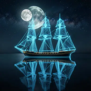 a clipper ship on a mirror-flat sea under the full moon, hologram style, FLUX.2