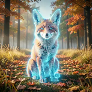 a red fox sitting in an autumn clearing, hologram style, FLUX.2