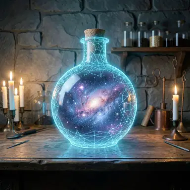 a galaxy swirling inside a glass flask in an alchemist's laboratory, hologram style, FLUX.2