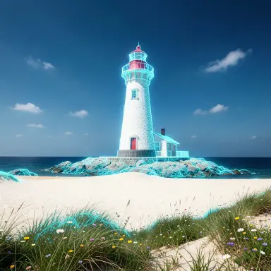 a lighthouse on a rocky islet, beach and dunes in front, hologram style, FLUX.2