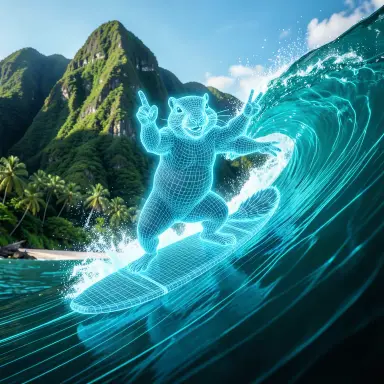 a marmot surfing a big wave, flashing a V sign, hologram style, FLUX.2