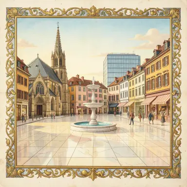 a sunlit city square with a fountain and buildings of different eras, illuminated manuscript style, FLUX.2