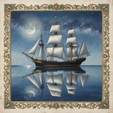 a clipper ship on a mirror-flat sea under the full moon, illuminated manuscript style, FLUX.2