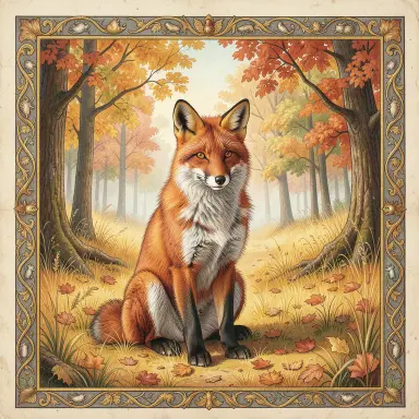 a red fox sitting in an autumn clearing, illuminated manuscript style, FLUX.2