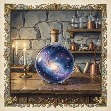 a galaxy swirling inside a glass flask in an alchemist's laboratory, illuminated manuscript style, FLUX.2