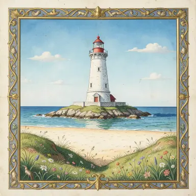 a lighthouse on a rocky islet, beach and dunes in front, illuminated manuscript style, FLUX.2