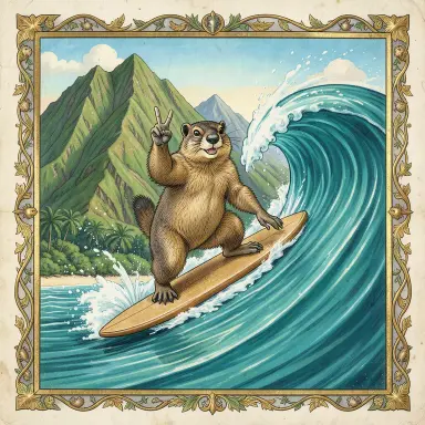 a marmot surfing a big wave, flashing a V sign, illuminated manuscript style, FLUX.2