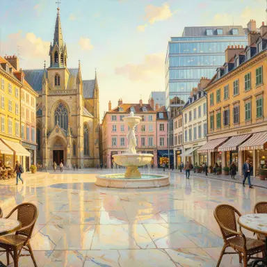 a sunlit city square with a fountain and buildings of different eras, impressionism style, FLUX.2