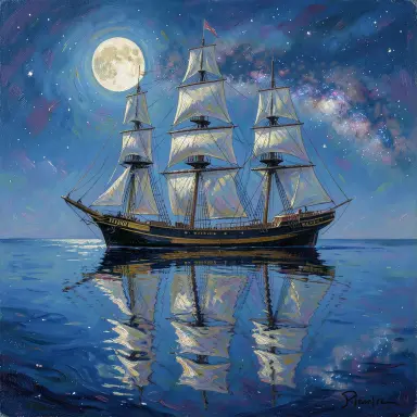 a clipper ship on a mirror-flat sea under the full moon, impressionism style, FLUX.2