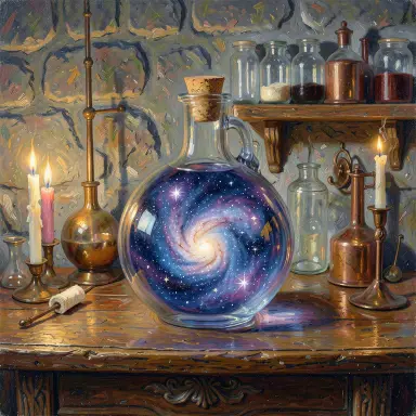 a galaxy swirling inside a glass flask in an alchemist's laboratory, impressionism style, FLUX.2