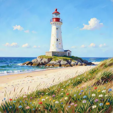 a lighthouse on a rocky islet, beach and dunes in front, impressionism style, FLUX.2