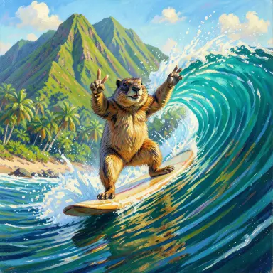 a marmot surfing a big wave, flashing a V sign, impressionism style, FLUX.2