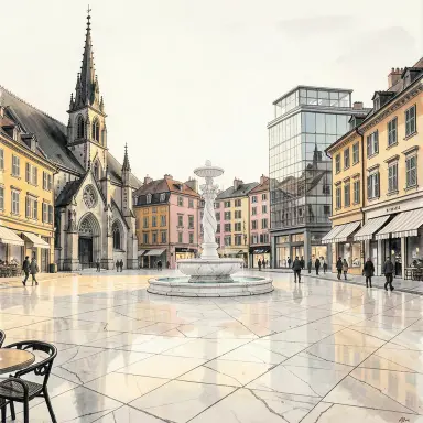 a sunlit city square with a fountain and buildings of different eras, ink wash style, FLUX.2