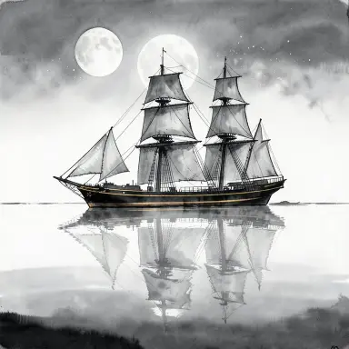 a clipper ship on a mirror-flat sea under the full moon, ink wash style, FLUX.2