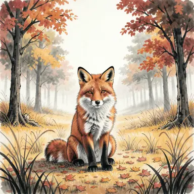 a red fox sitting in an autumn clearing, ink wash style, FLUX.2