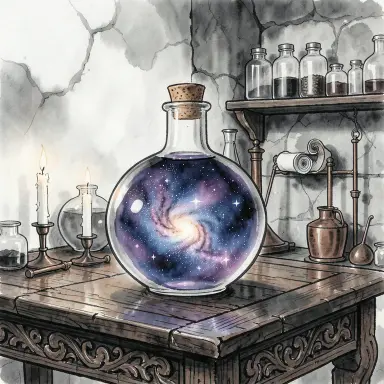 a galaxy swirling inside a glass flask in an alchemist's laboratory, ink wash style, FLUX.2