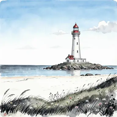 a lighthouse on a rocky islet, beach and dunes in front, ink wash style, FLUX.2