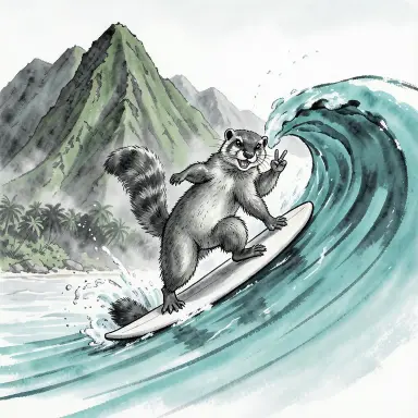 a marmot surfing a big wave, flashing a V sign, ink wash style, FLUX.2