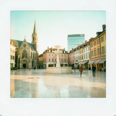 a sunlit city square with a fountain and buildings of different eras, instant photo style, FLUX.2