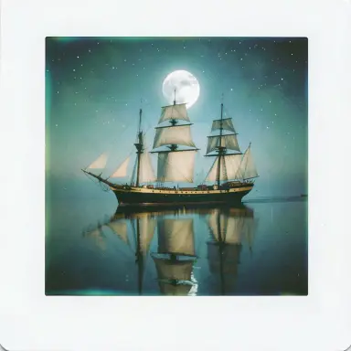 a clipper ship on a mirror-flat sea under the full moon, instant photo style, FLUX.2