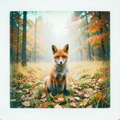 a red fox sitting in an autumn clearing, instant photo style, FLUX.2
