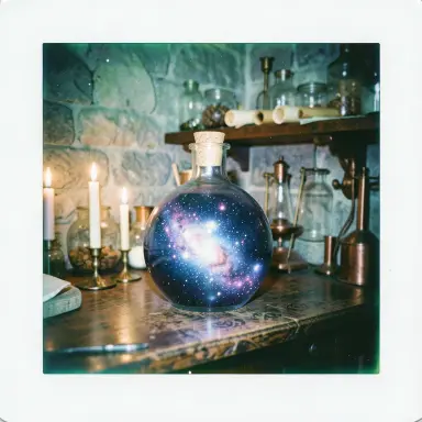 a galaxy swirling inside a glass flask in an alchemist's laboratory, instant photo style, FLUX.2