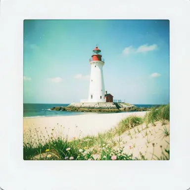 a lighthouse on a rocky islet, beach and dunes in front, instant photo style, FLUX.2