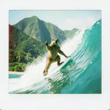 a marmot surfing a big wave, flashing a V sign, instant photo style, FLUX.2