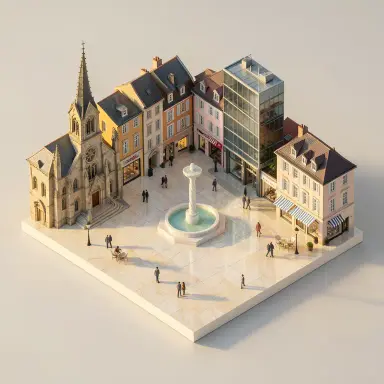 a sunlit city square with a fountain and buildings of different eras, isometric 3d style, FLUX.2