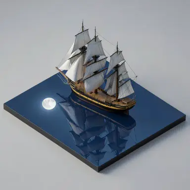 a clipper ship on a mirror-flat sea under the full moon, isometric 3d style, FLUX.2