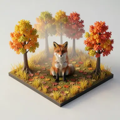 a red fox sitting in an autumn clearing, isometric 3d style, FLUX.2