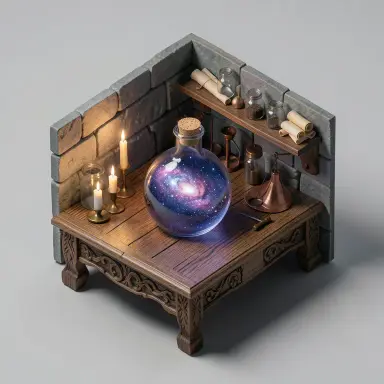 a galaxy swirling inside a glass flask in an alchemist's laboratory, isometric 3d style, FLUX.2