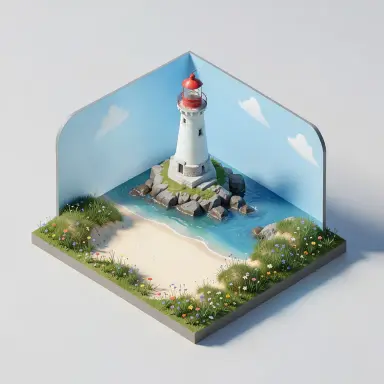 a lighthouse on a rocky islet, beach and dunes in front, isometric 3d style, FLUX.2