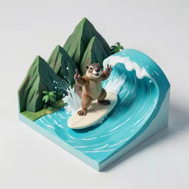 a marmot surfing a big wave, flashing a V sign, isometric 3d style, FLUX.2