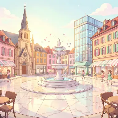 a sunlit city square with a fountain and buildings of different eras, kawaii style, FLUX.2