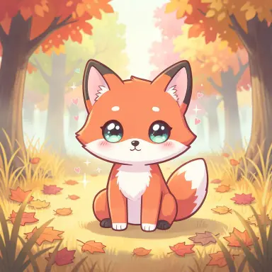 a red fox sitting in an autumn clearing, kawaii style, FLUX.2
