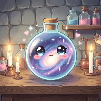 a galaxy swirling inside a glass flask in an alchemist's laboratory, kawaii style, FLUX.2