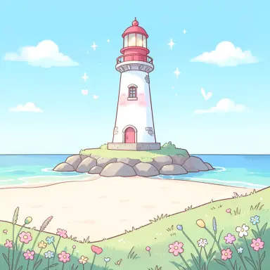 a lighthouse on a rocky islet, beach and dunes in front, kawaii style, FLUX.2