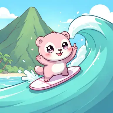 a marmot surfing a big wave, flashing a V sign, kawaii style, FLUX.2