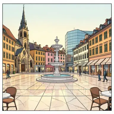 a sunlit city square with a fountain and buildings of different eras, ligne claire style, FLUX.2