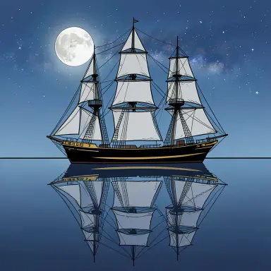 a clipper ship on a mirror-flat sea under the full moon, ligne claire style, FLUX.2