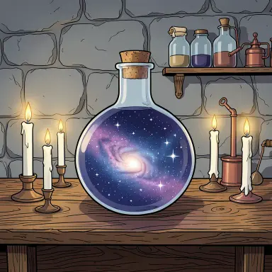 a galaxy swirling inside a glass flask in an alchemist's laboratory, ligne claire style, FLUX.2