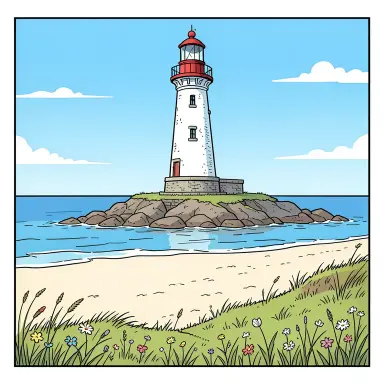 a lighthouse on a rocky islet, beach and dunes in front, ligne claire style, FLUX.2