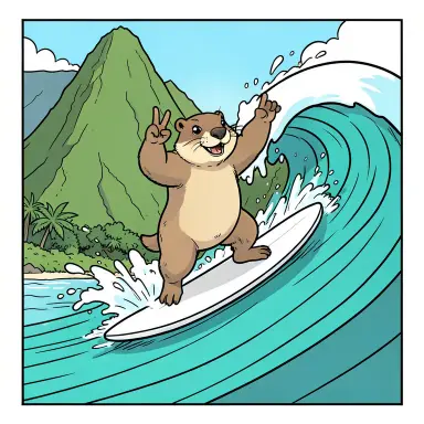 a marmot surfing a big wave, flashing a V sign, ligne claire style, FLUX.2