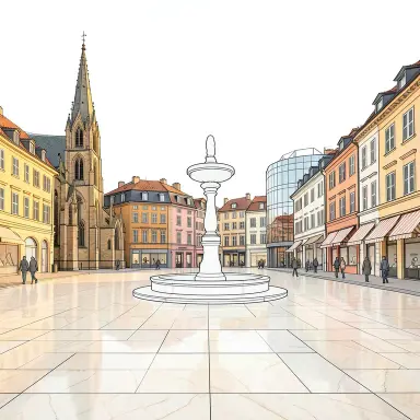 a sunlit city square with a fountain and buildings of different eras, line art style, FLUX.2