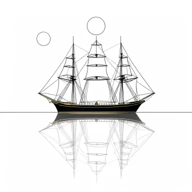 a clipper ship on a mirror-flat sea under the full moon, line art style, FLUX.2