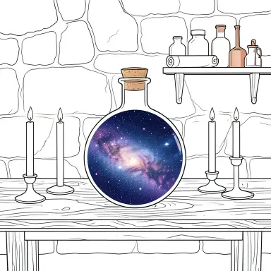 a galaxy swirling inside a glass flask in an alchemist's laboratory, line art style, FLUX.2